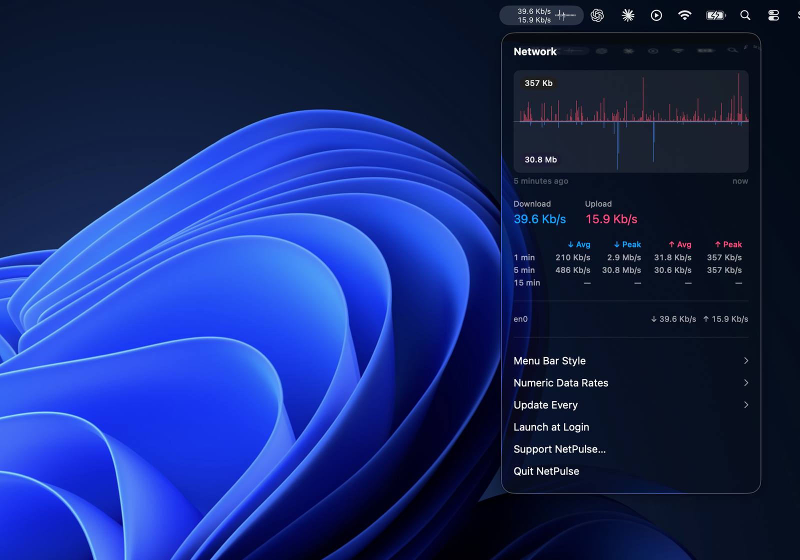 Network Traffic Monitor's menu bar popover showing live download and upload speed, a history chart, and per-interface breakdown
